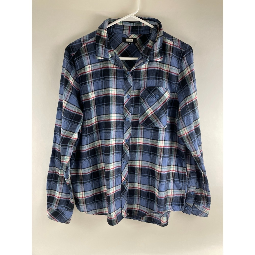 BIKBOK Shirt Women's Size Medium Blue Black Multicolor Plaid Flannel Button Up